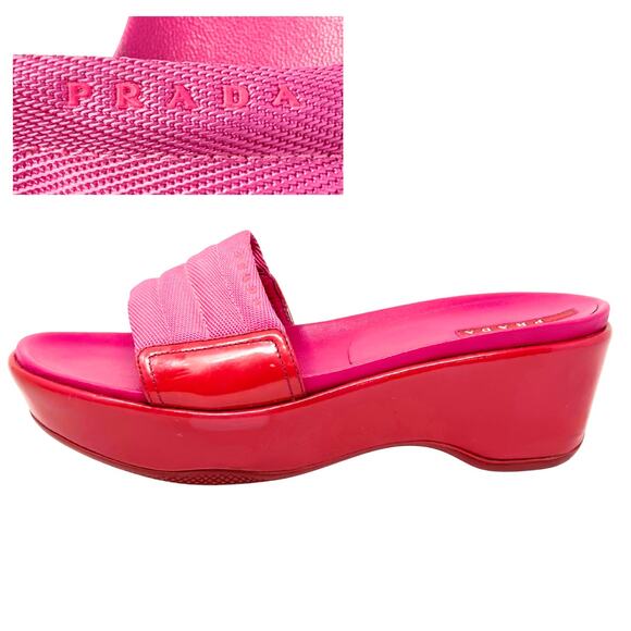 Prada LOGO Pink Leather Canvas Sandals Platform Wedge Slides Heels Shoes EU 38.5